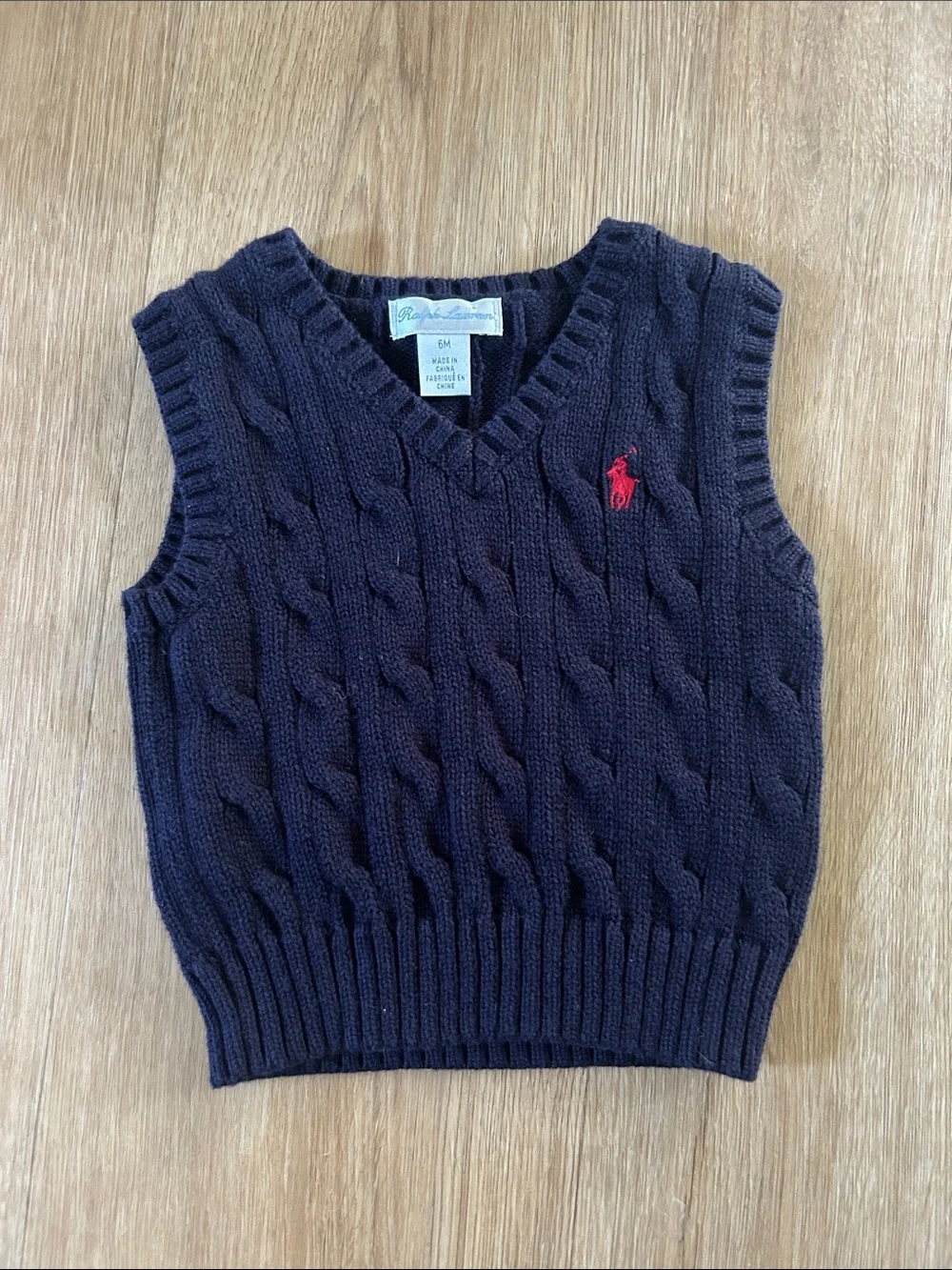 Ralph Lauren Navy Cable-Knit Sleeveless Vest with Red Pony
